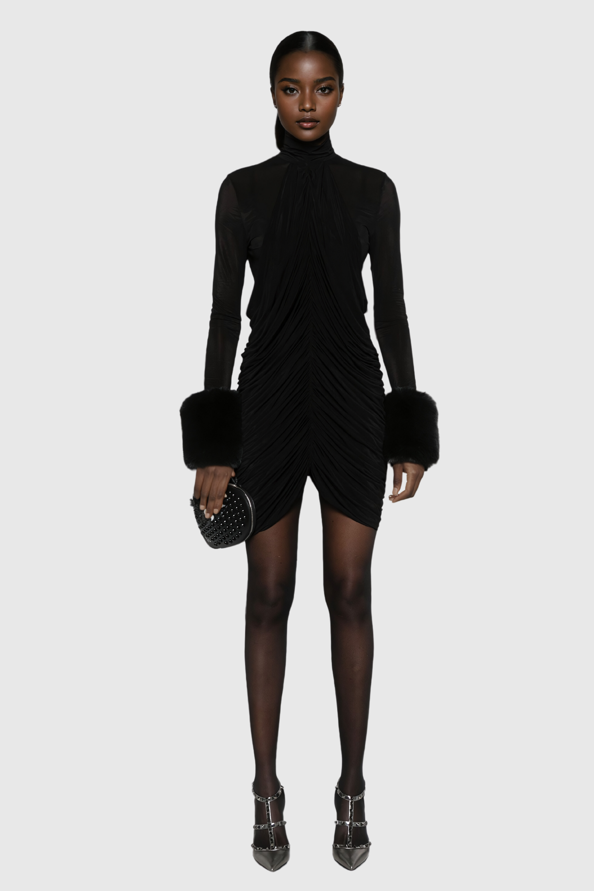 Aelwen Ruch Suni Kürk Bodycon Mini Elbise