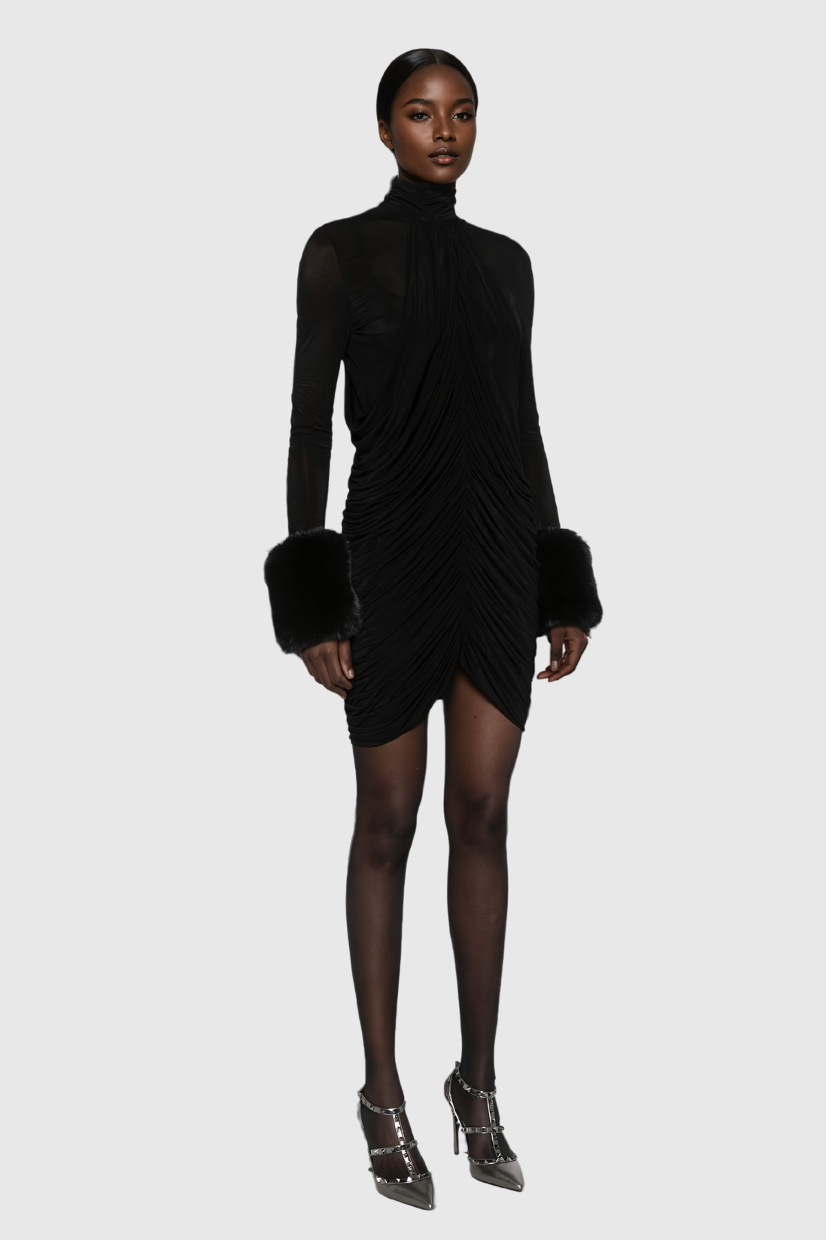 Aelwen Ruch Suni Kürk Bodycon Mini Elbise