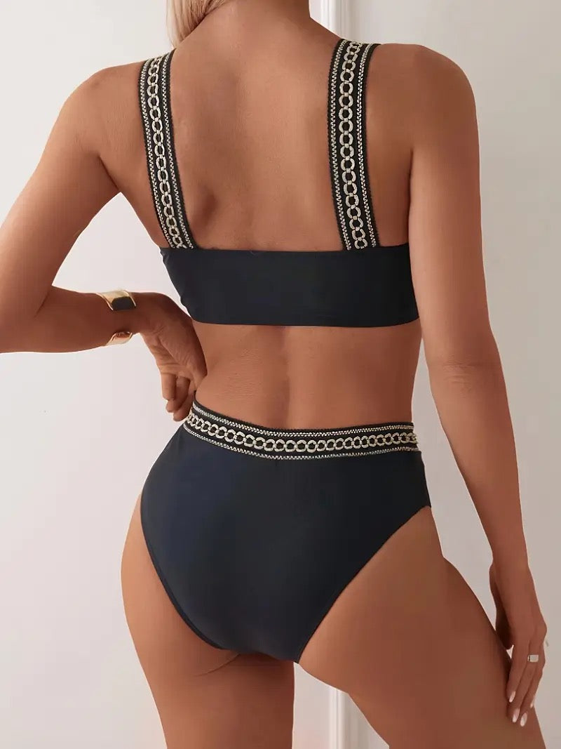 Zincir Detaylı Siyah Yüksek Bel Bikini Takımı