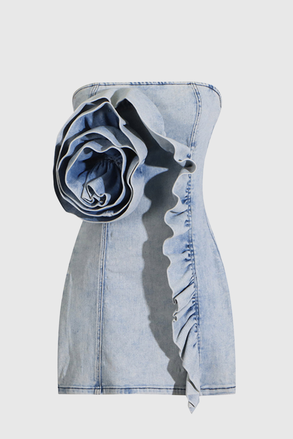 Kate Çiçek Fırfırlı Denim Mini Elbise