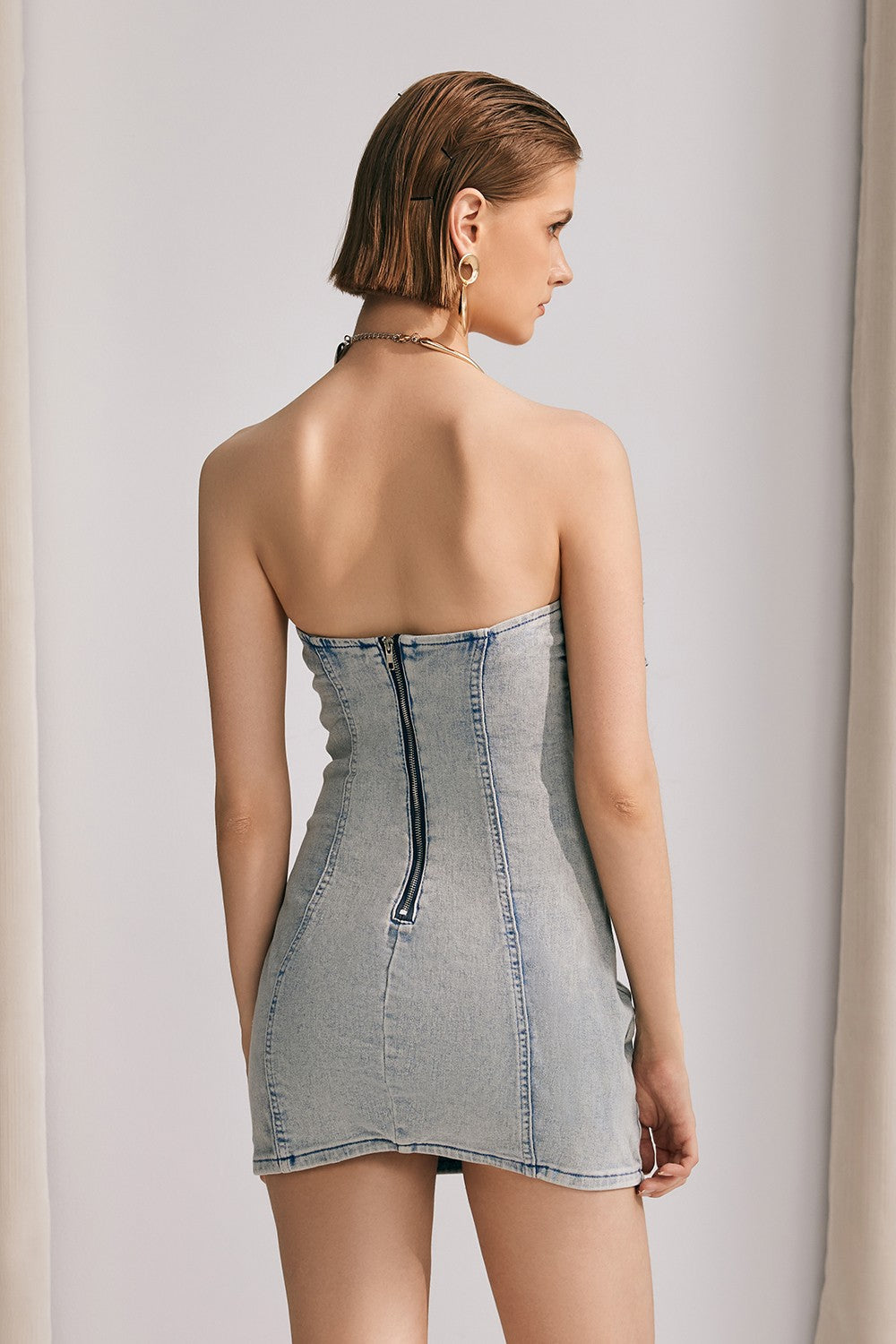 Kate Çiçek Fırfırlı Denim Mini Elbise
