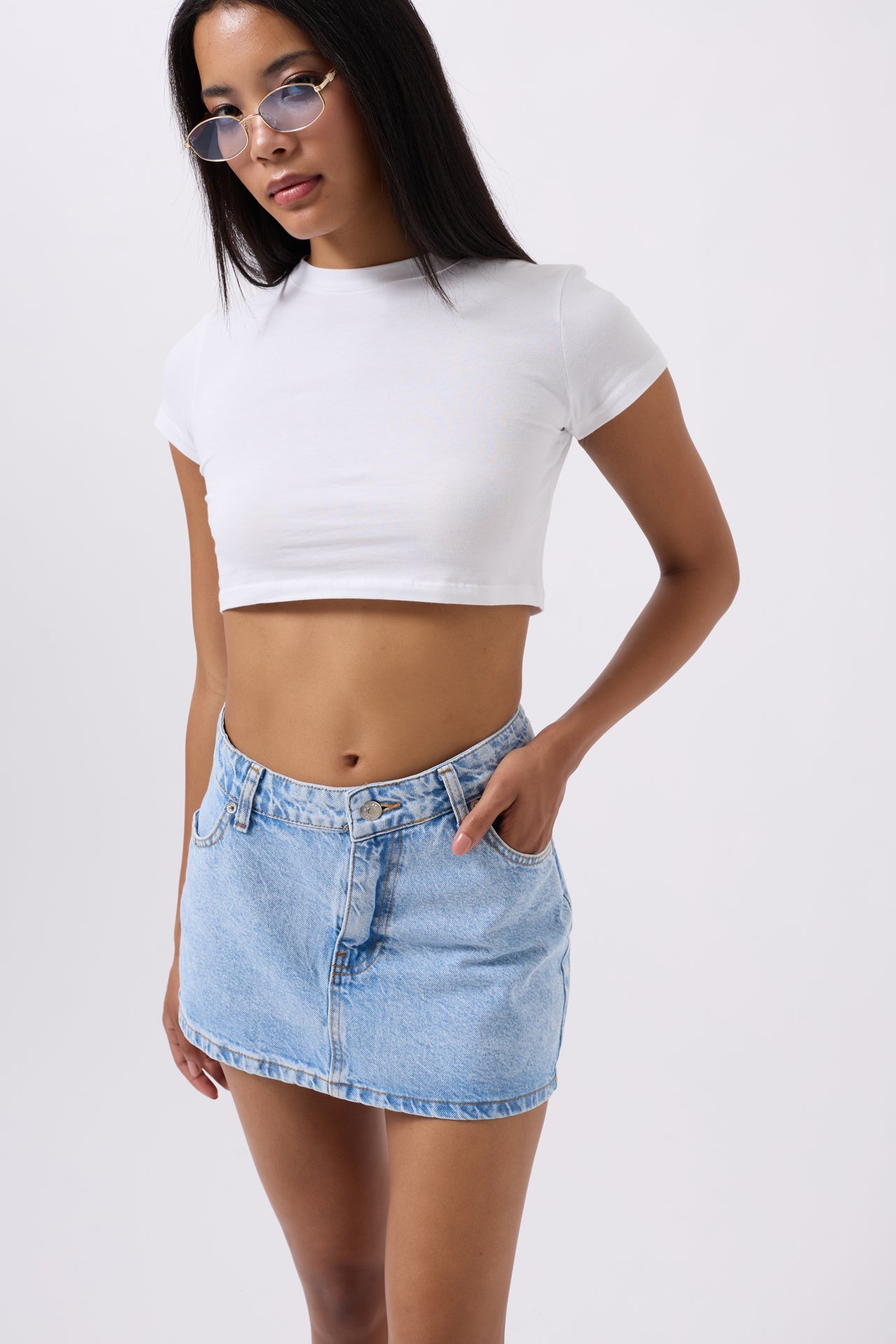 Asimetrik Bel Denim Mini Mavi Etek