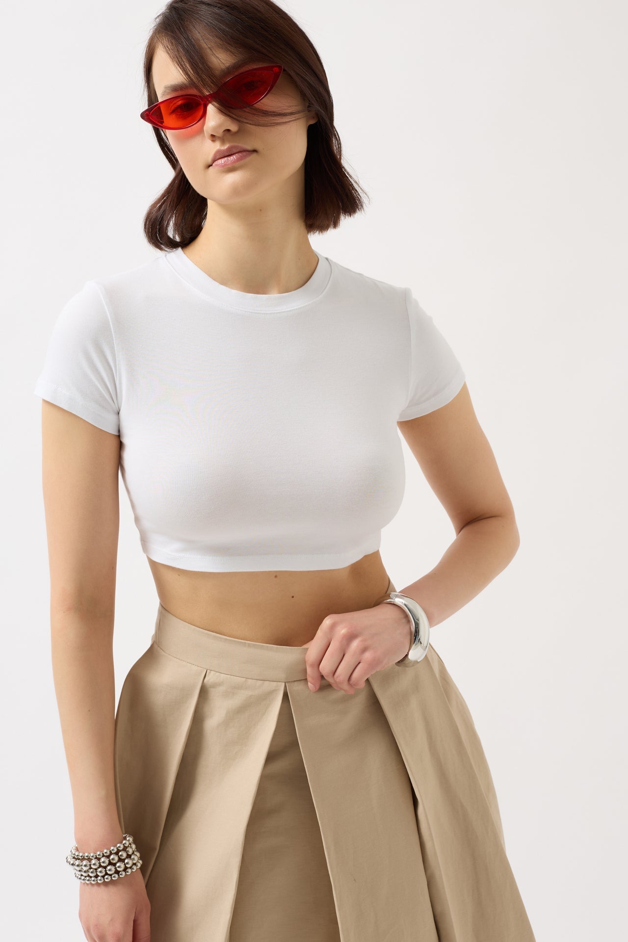 Likralı Basic Crop Beyaz T-Shirt