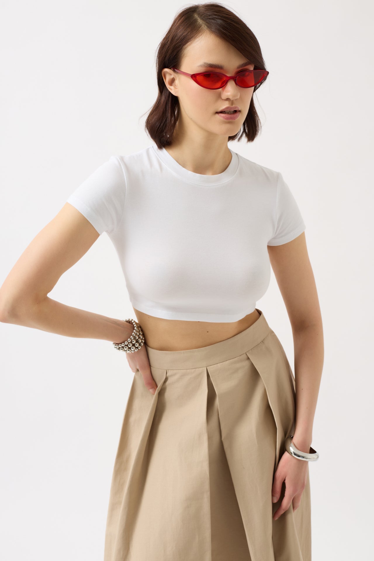 Likralı Basic Crop Beyaz T-Shirt