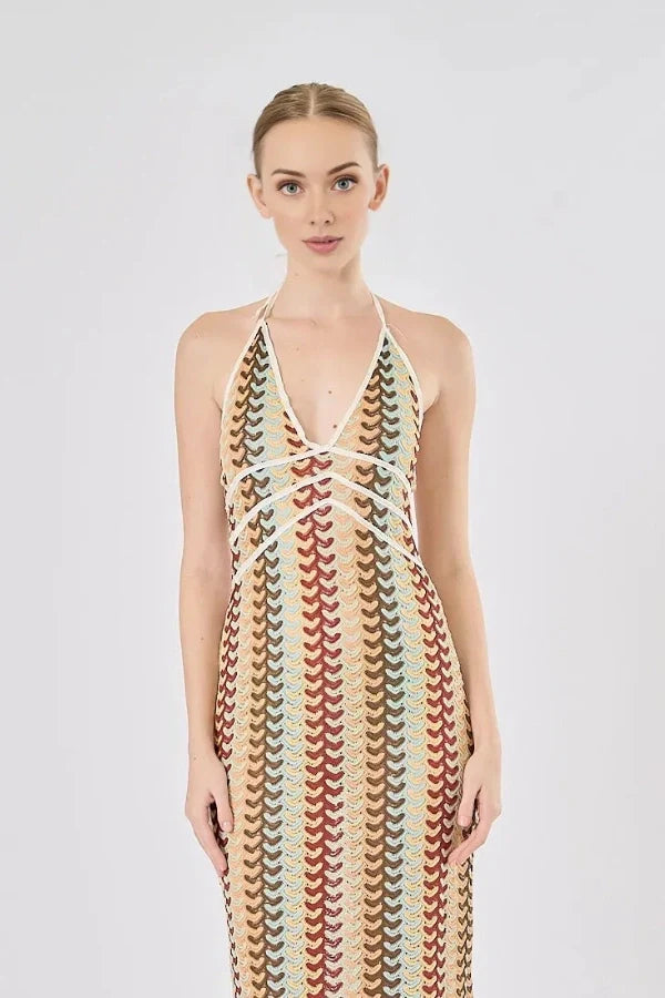 Boho Rainbow Crochet Maxi Elbise