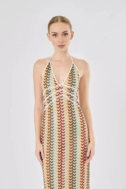 Boho Rainbow Crochet Maxi Elbise
