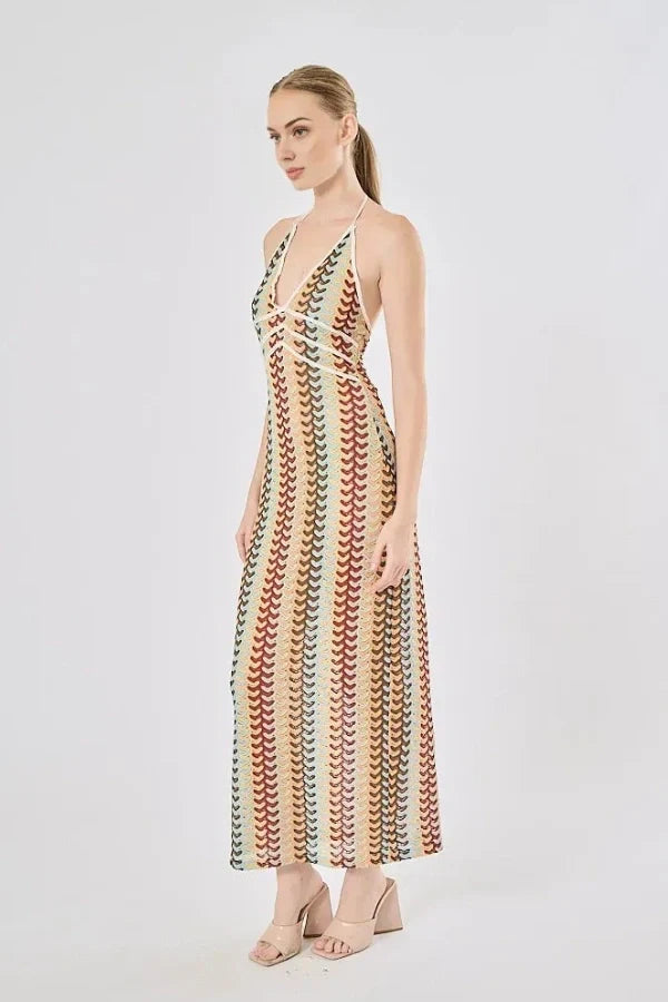 Boho Rainbow Crochet Maxi Elbise