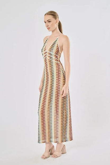 Boho Rainbow Crochet Maxi Elbise