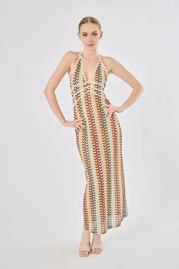 Boho Rainbow Crochet Maxi Elbise