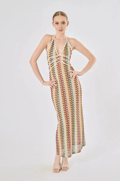 Boho Rainbow Crochet Maxi Elbise