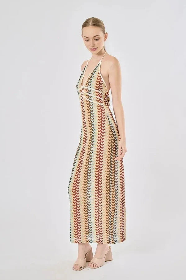 Boho Rainbow Crochet Maxi Elbise