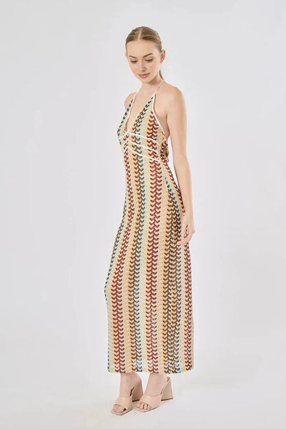 Boho Rainbow Crochet Maxi Elbise