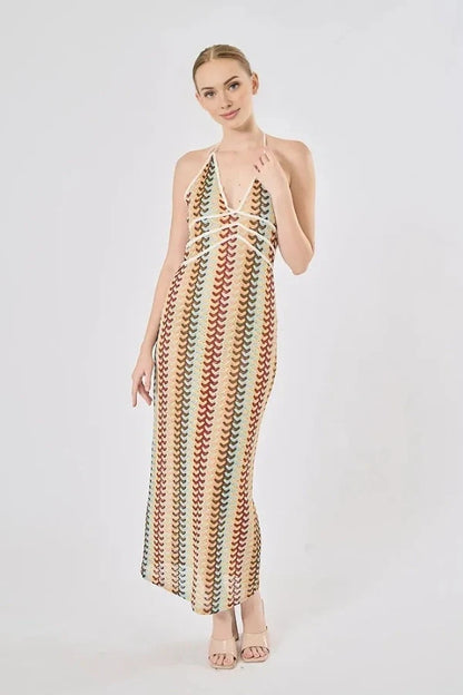 Boho Rainbow Crochet Maxi Elbise