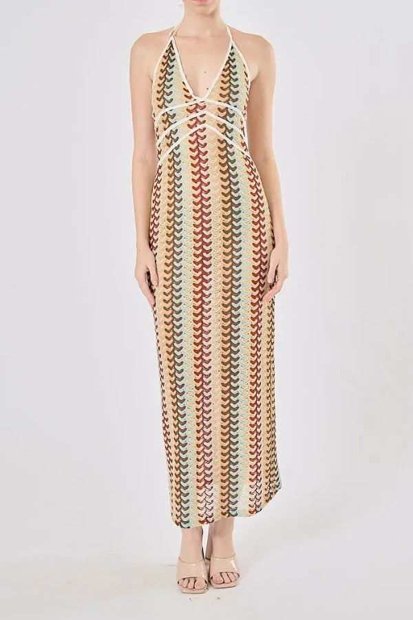 Boho Rainbow Crochet Maxi Elbise