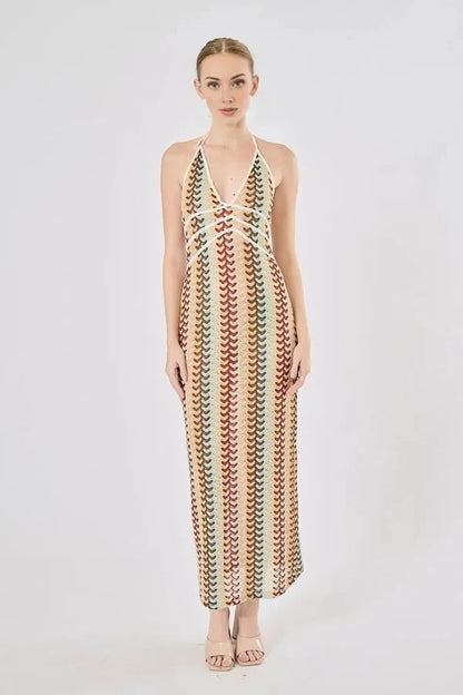 Boho Rainbow Crochet Maxi Elbise