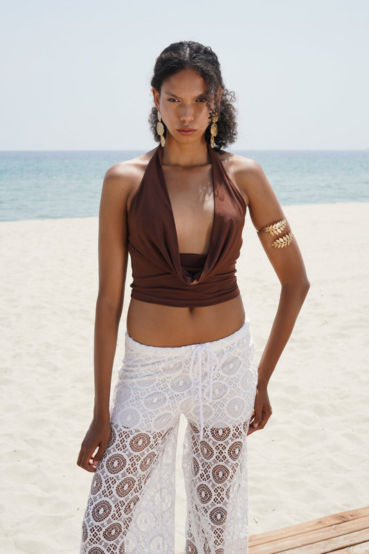 Degaje Yaka Crop Kahverengi Bluz