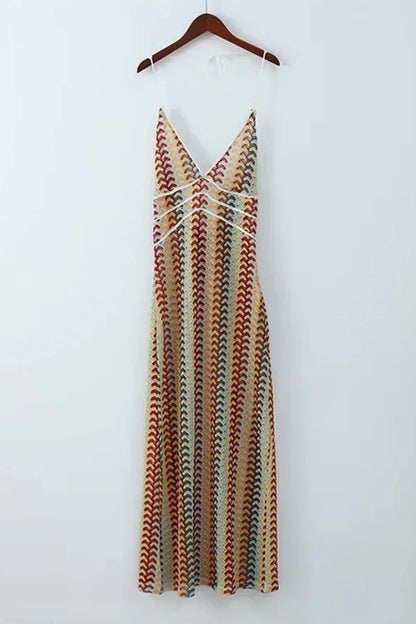 Boho Rainbow Crochet Maxi Elbise