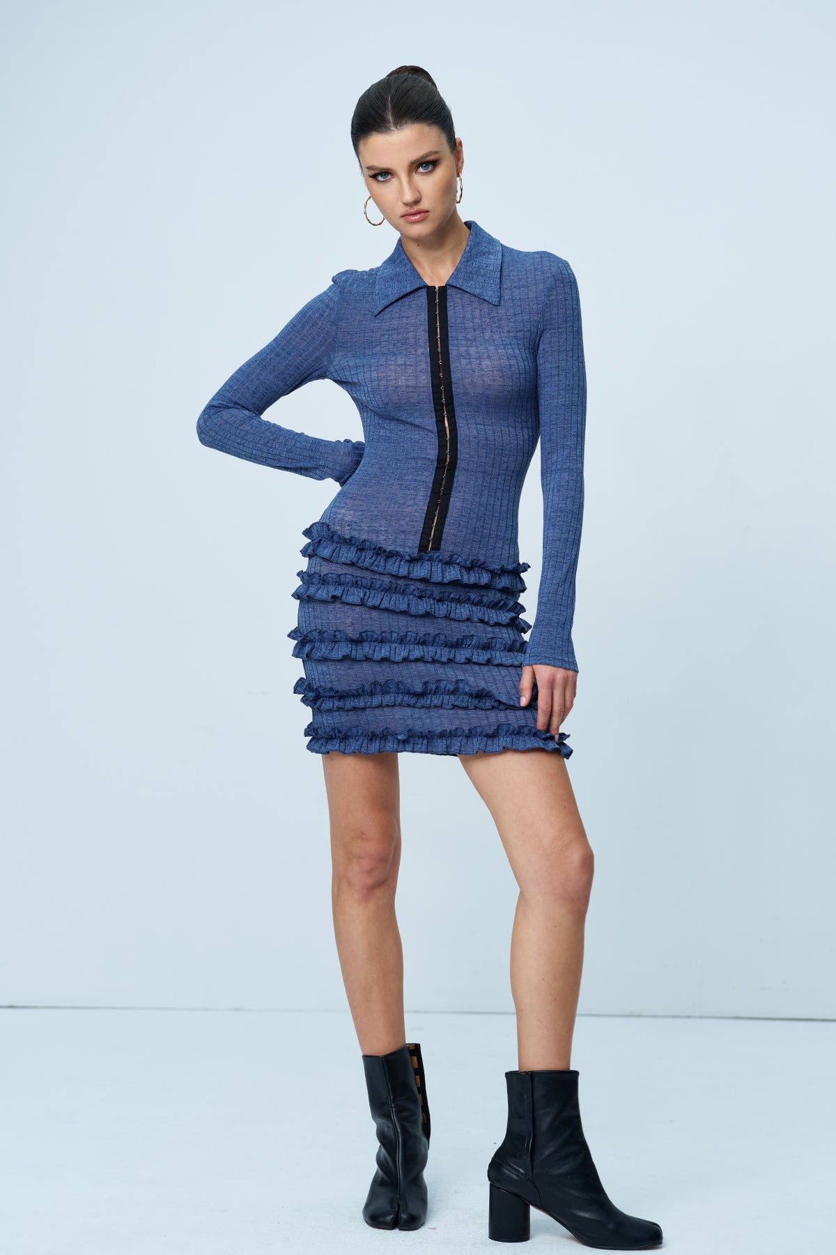 Aethwy Fırfırlı Bodycon Örgü Mini Elbise