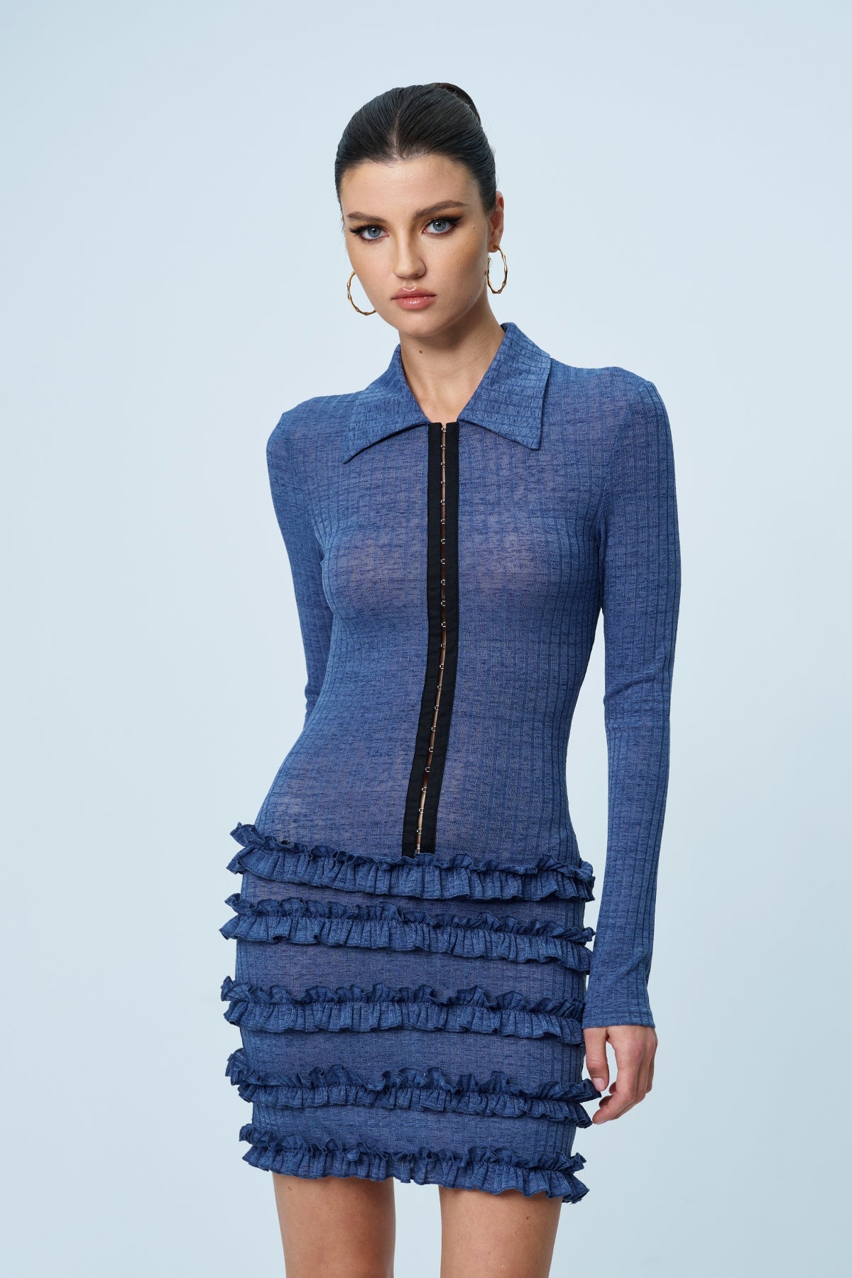 Aethwy Fırfırlı Bodycon Örgü Mini Elbise