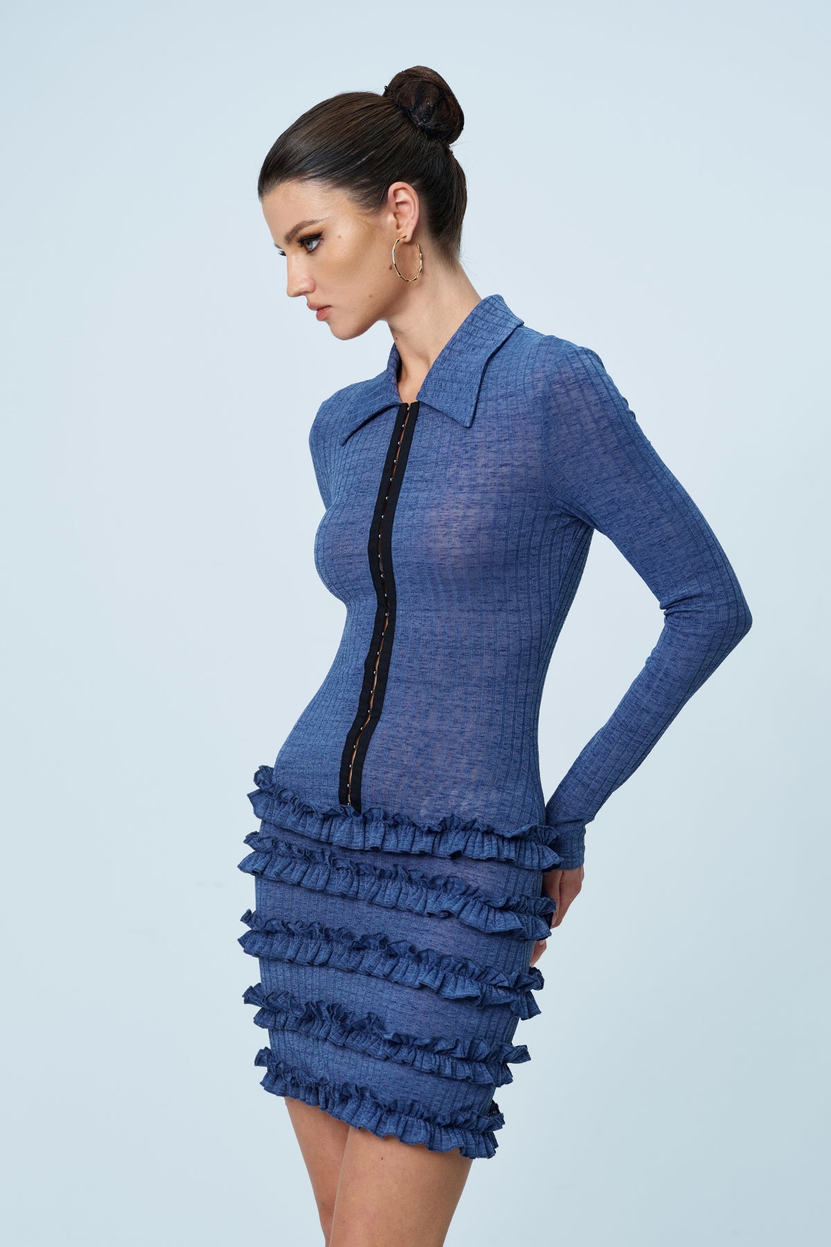Aethwy Fırfırlı Bodycon Örgü Mini Elbise