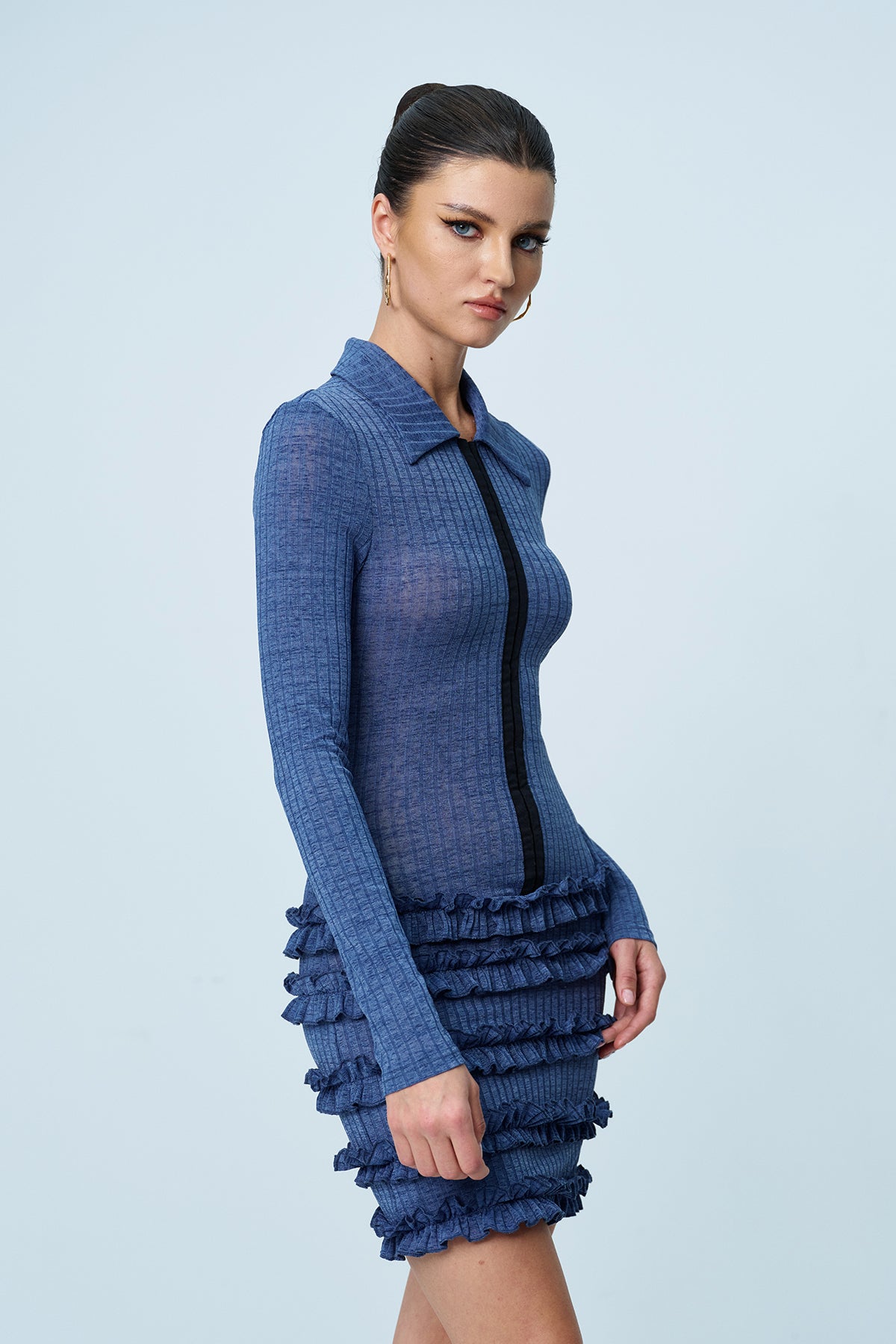 Aethwy Fırfırlı Bodycon Örgü Mini Elbise