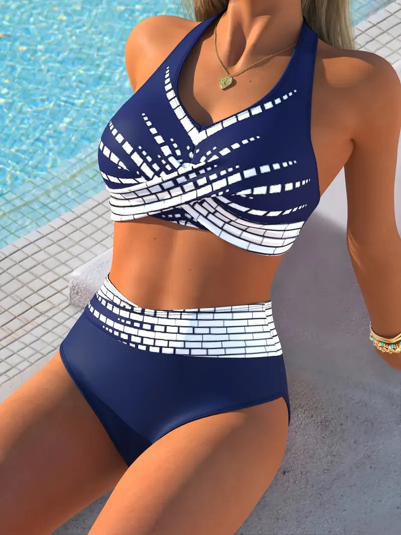 Geometrik Desenli Lacivert Yüksek Bel Bikini Takımı