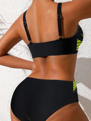 Neon Detaylı Yüksek Bel Siyah Bikini Takımı