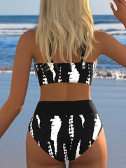 Monokrom Desenli Yüksek Bel Bikini Takımı