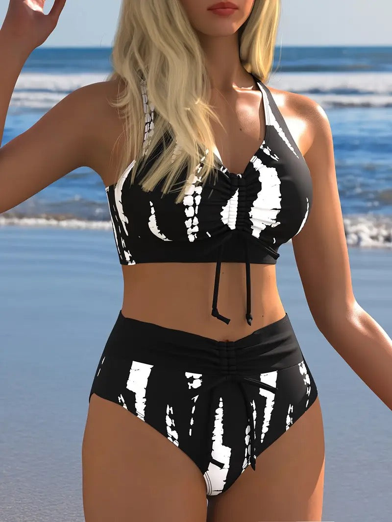 Monokrom Desenli Yüksek Bel Bikini Takımı