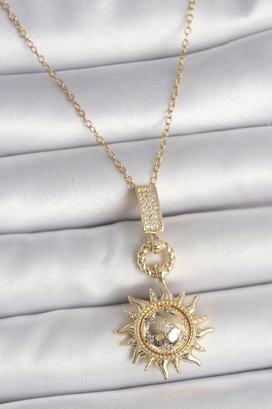 316L Çelik Gold Renk Zirkon Taşlı Sallantı Güneş Model Kadın Kolye