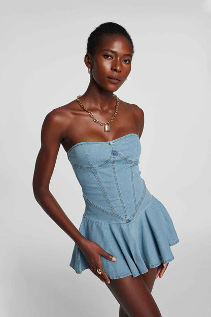 Leora Straplez Bodycon Denim Elbise Açık Mavi