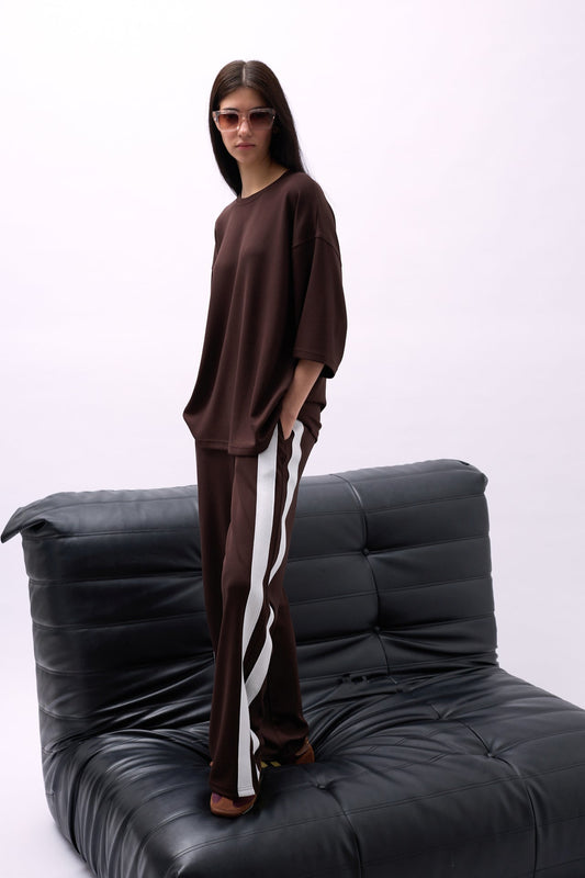Bisiklet Yaka Oversize Kahverengi T-Shirt