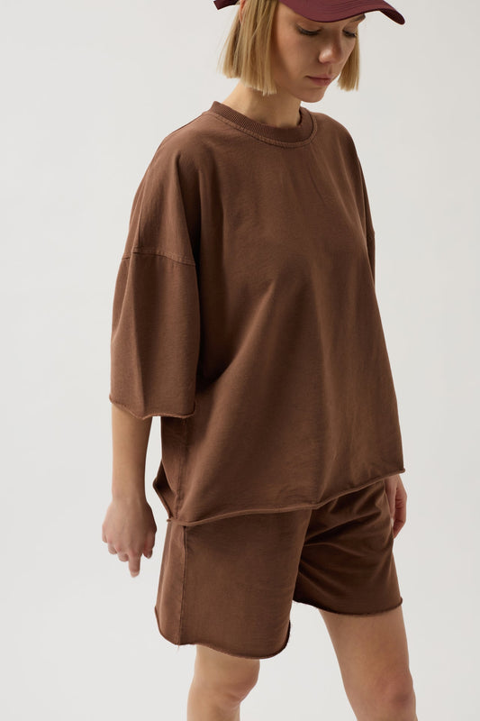Oversize Lazer Kesim Bisiklet Yaka Kahverengi T-Shirt