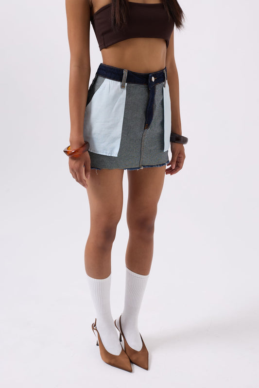 Ters Detay Denim Mini Mavi Etek